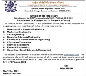 National Institute of Technology Srinagar Invites Applications for Teaching Positions