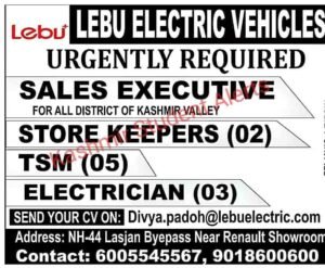 Lebu Electric Vehicles is urgently recruiting for several positions in the Kashmir Valley