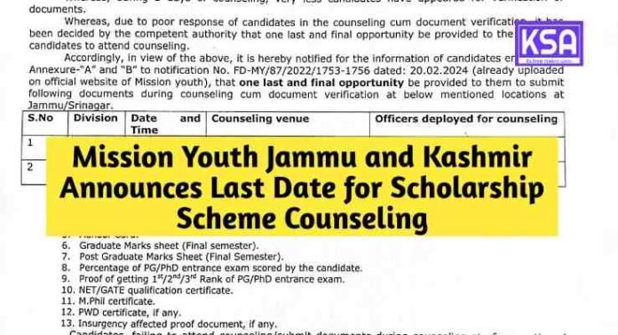 Mission Youth Jammu and Kashmir Announces Last Date for Scholarship Scheme Counseling