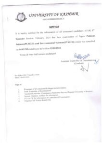 University of Kashmir Reschedules UG 1st Semester Political Science and Environmental Science Exams