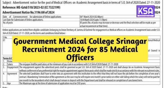 Government Medical College Srinagar Recruitment 2024 for 85 Medical Officers