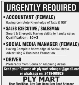 Ply Mart Srinagar Jobs for Salesman, Accountant, Social Media Manager & Driver posts