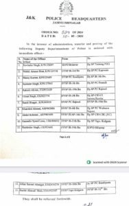 J&K Police Transfers and Postings of DSPs