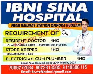 IBNI Sina Hospital Recruitment 2024 for Storekeeper, Electrician cum Plumber, Resident Doctor posts
