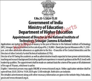 NIT Srinagar inviting applications for the post of Director