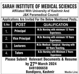 Teacher Jobs at Sarah Institute of Medical Sciences Bandipora