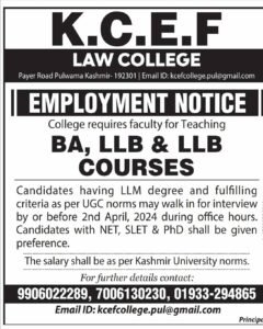 K.C.E.F Law College Pulwama Announces Recruitment for Faculty