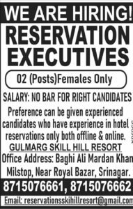 Skilled Hill Resort in Srinagar is Hiring Reservation Executives