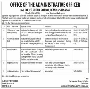 Various Positions Available at J&K Police Public School Bemina Srinagar 1 Various Positions Available at J&K Police Public School Bemina Srinagar
