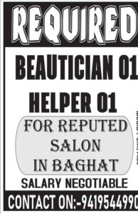 Beautician and Salon Helper Jobs in Srinagar 1 Beautician and Salon Helper Wanted