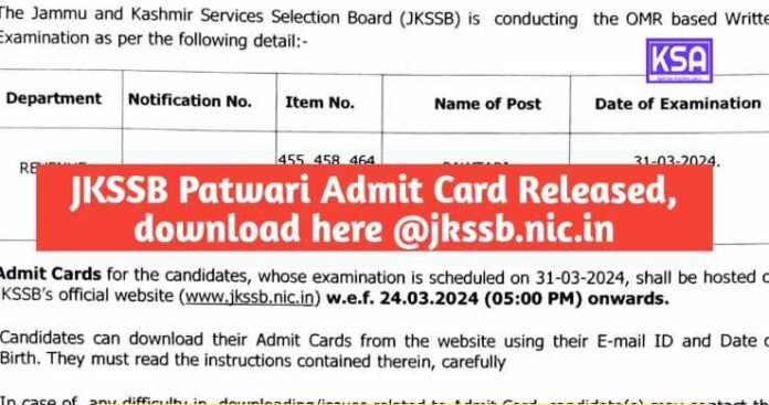 JKSSB Patwari Admit Card Released, download here @jkssb.nic.in