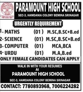 Teacher jobs at Paramount High School Srinagar 2 Paramount High School