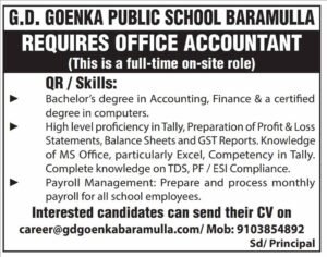 G.D. Goenka Public School Baramulla Requires Office Accountant