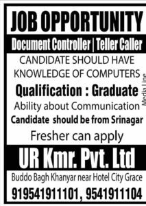 UR Kmr. Pvt. Ltd. is Hiring Document Controller and Teller Caller