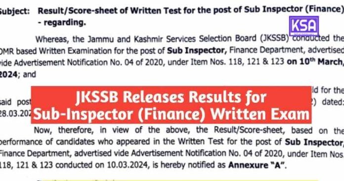 JKSSB Releases Results for Sub-Inspector (Finance) Written Exam
