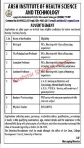 Nursing Teaching Faculty Positions Available at Arsh Institute of Health Science and Technology