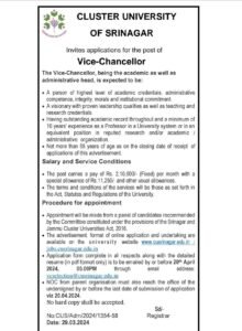 Cluster University of Srinagar Invites Applications for Vice-Chancellor Position 1 Cluster University of Srinagar Invites Applications for Vice-Chancellor Position