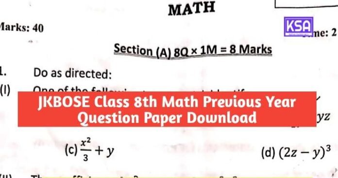 JKBOSE Class 8th Math Previous Year Question Paper Download