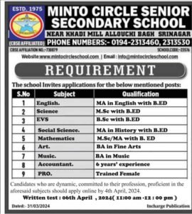 Minto Circle Senior Secondary School Srinagar Recruitment 2024