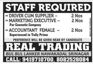 Real Trading Jobs Recruitment 2024 for Accountant, Driver cum Supplier, Marketing Executive posts