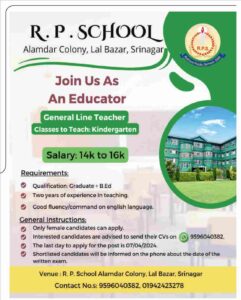 Teacher Jobs Recruitment at R.P School Srinagar, Salary 16000, Eligibility 