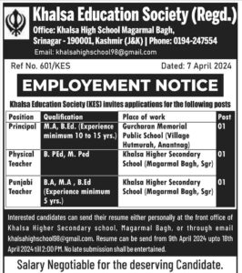 Khalsa Education Society Invites Applications for Teaching and Principal Posts