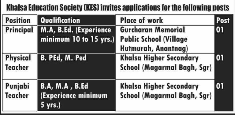 Khalsa Education Society Invites Applications for Teaching and Principal Posts