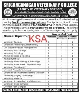 Sriganganagar Veterinary College Recruitment 2024 for faculty positions in various department