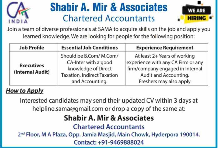 Shabir A. Mir & Associates Chartered Accountants Recruitment 2024