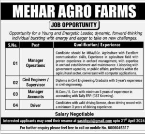 Mehar Agro Farms Recruitment 2025 for Manager Operations, Civil Engineer/Supervisor, Manager Accounts, Driver posts