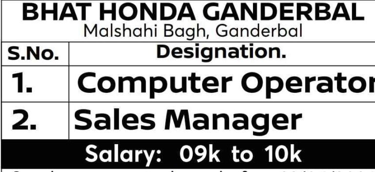 Bhat Honda Ganderbal Recruitment for Sales Manager, Computer Operator posts