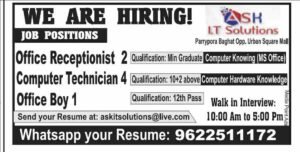 ASK IT SOLUTIONS Recruitment 2024 Office Boy, Computer Technician, Office Receptionist posts
