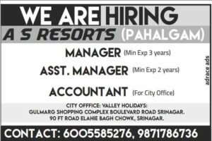 Manager, Assistant Manager, and Accountant Jobs at A S Resorts in Pahalgam