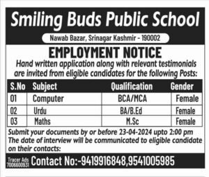 Smiling Buds Public School Srinagar is hiring