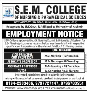 S.E.M. College of Nursing and Paramedical Sciences Announces Faculty Positions