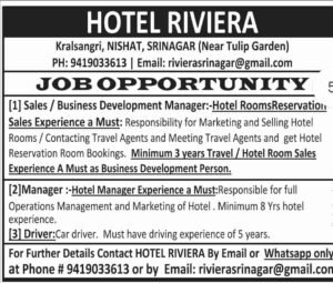 Hotel Riviera in Srinagar Hiring Sales / Business Development Manager, Hotel Manager, Car Driver posts