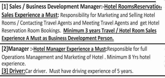 Hotel Riviera in Srinagar Hiring Sales / Business Development Manager, Hotel Manager, Car Driver posts