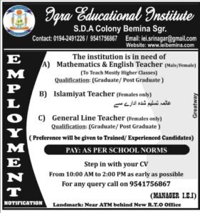 Teacher Recruitment 2024 at Iqra Educational Institute Srinagar
