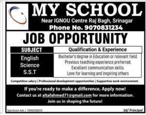 Teacher Jobs at My School in Srinagar