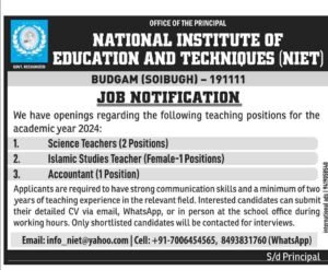 NIET Recruitment 2024: Eligibility, Application Requirements, How to Apply