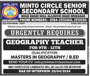 Teacher Jobs at Minto Circle Senior Secondary School Srinagar 
