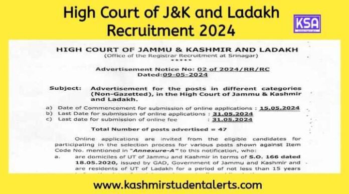 High Court of J&K and Ladakh Recruitment 2024, Salary 1.4 Lakh, 47 Vacancies, Last Date
