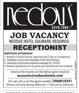 Nedous Hotel Gulmarg is Hiring a Receptionist