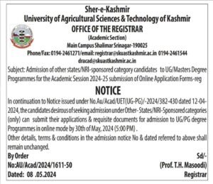 SKUAST Kashmir Announces Admission for Other States/NRI-Sponsored Category Candidates