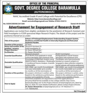 Govt Degree College Baramulla Advertisement for Research Staff Positions, check eligibility 