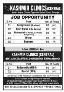 Kashmir Clinics (Central) Hiring for Dental Maxillofacial Cosmetology and Implantology