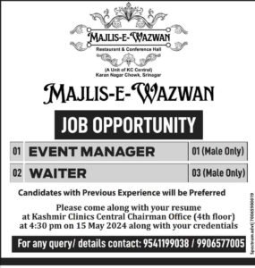 Majlis-e-wazwan Restaurant & Conference Hall Recruitment 2024 for Waiter & Event Manager posts