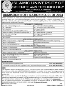 IUST Announces Admission Notification for the Academic Session 2024