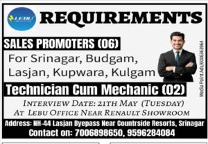 Lebu Electric is Hiring Sales Promoters and Technician Cum Mechanics