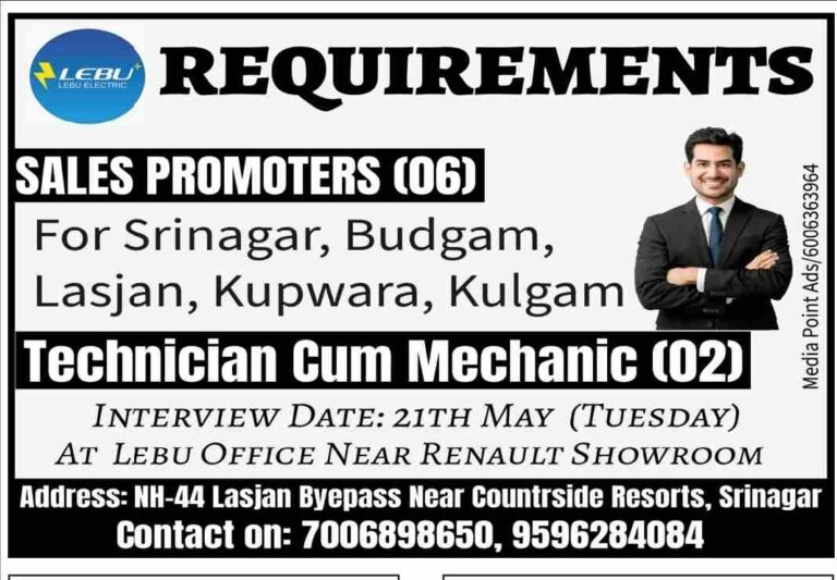 Lebu Electric is Hiring Sales Promoters and Technician Cum Mechanics